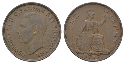 Великобритания 1 пенни 1947 Георг VI (1936-1952) КМ 845, Spink 4114 бронза 4111-1013