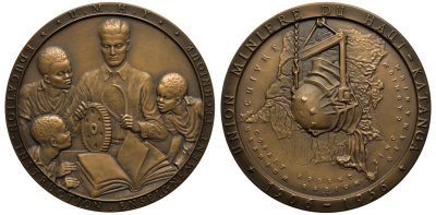 Бельгийское Конго медаль 1956 50 лет обществу металлургов, обучение африканских детей, 85 мм бронза UNC 02-013-11-1