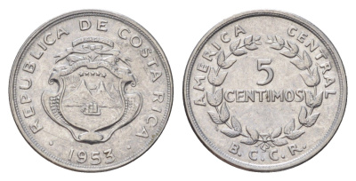 Коста-Рика 5 сентимо 1953 KM 184.1a нержавеющая сталь UNC 4181-133