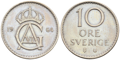 Швеция 10 эре 1964 U, Густав VI Адольф (1950-1973) КМ 835 медно-никель 4169-112