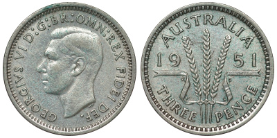 Австралия 3 пенса 1951 m, Георг VI (1937-1952), без букв KM 44 серебро 71-317