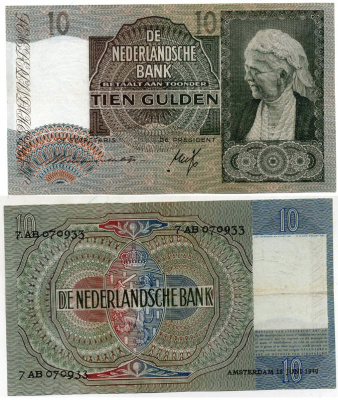 Нидерланды 10 гульденов 1940 Королева Эмма, Амстердам, 18 июня 1940 Pick 53 бумага XF 451-96-1