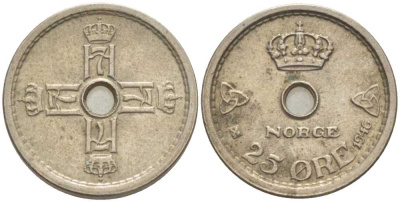 НОРВЕГИЯ 25 ЭРЕ 1946 ХОКОН VII (1905-1957) KM 384 медно-никель 3309-724
