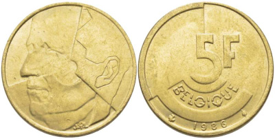 БЕЛЬГИЯ 5 ФРАНКОВ 1986 BELGIQUE, БОДУЭН I (1951-1993) KM 163 латунь или алюминиевая бронза 119-843