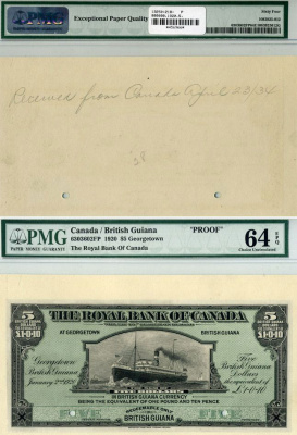 Британская Гвиана 5 долларов = 1 фунт 10 пенсов 1920 Королевский Банк Канады, 2 января 1920, пароход, образец, в слабе PMG 64 Choice Uncirculated "PROOF" Pick S136 бумага UNC (пресс) 10-2-9