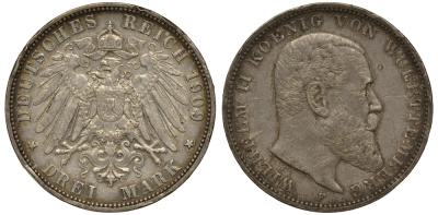 Вюртемберг 3 марки 1909 F, Вильгельм II (1891-1918) Weege 171, J.175, KM 635 серебро 413-721