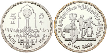 Египет 5 фунтов 1986 АН1406, кубок Африки по футболу, игроки KM 590 серебро  PROOF  11-275-43
