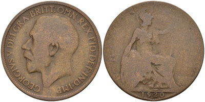 Великобритания 1/2 пенни 1920 Георг V (1910-1936) KM 809, Spink 4056 бронза 4153-753