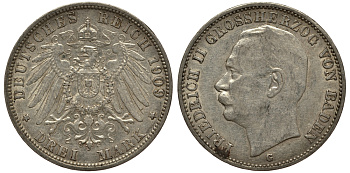 Баден 3 марки 1909 Фридрих II (1907-1918) J. 39, KM 280 серебро    3711-1624