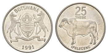 Ботсвана 25 тхебе 1991 Зебу, Всемирный день продовольствия KM 6a сталь плакированная никелем aUNC 51-2233