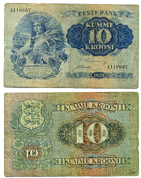 Эстония 10 крон 1928 крестьянка Pick 63 a бумага 8617-9-1-2