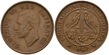 ЮАР 1/4 пенни 1943 Георг VI (1937-1952) KM 23 бронза 4164-635