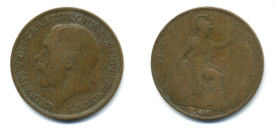 Великобритания 1 пенни 1914 Георг V (1910-1936) KM 810, Spink 4051 бронза 4110-123