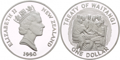 Новая Зеландия 1 доллар 1990 годовщина заключения Вайтангского договора, Елизавета II (1952-2022), в оригинальной коробке KM 76a серебро PROOF 3-4-2-24