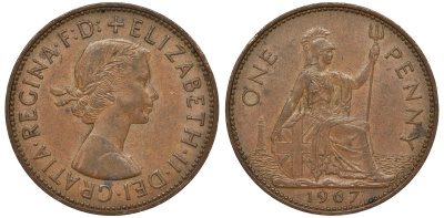 Великобритания 1 пенни 1967 Елизавета II (1952-2022) KM 897, Spink 4157 бронза 4131-232