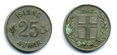 Исландия 25 эйре 1962 KM 11 медно-никель 46-2436