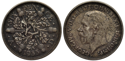 Великобритания 6 пенсов 1935 Георг V (1910-1936) KM 832, Spink 4041 серебро 4538-356
