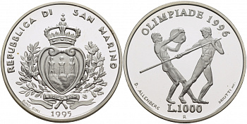 Сан-Марино 1000 лир 1995 XXVI летние Олимпийские игры в Атланте 1996 года, копьеметатель и дискобол KM 332 серебро PROOF 1087-6-44