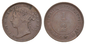 Стрейтс-Сетлментс (Стрейтс Сетлментс) 1/2 цента 1884 год-тип, Виктория (1837-1901) KM 8a бронза 1518-1734