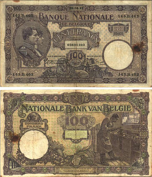 БЕЛЬГИЯ 100 ФРАНКОВ 1921 29 АПРЕЛЯ 1921, КОРОЛЬ АЛЬБЕРТ И КОРОЛЕВА ЕЛИЗАВЕТА, ОРУЖЕЙНИК Pick 95 бумага VF 8564-27-1-1