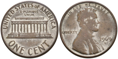 США 1 цент 1969 D, Линкольн KM 201 медь цинк 4564-457