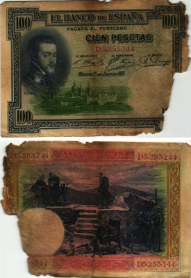 ИСПАНИЯ 100 ПЕСЕТ 1931 МАДРИД, 19 ИЮЛЯ 1925, ФИЛИПП II, СТУЛ ФИЛИППА II ЭСКОРИАЛ , СЕРИЯ D5253144 Pick 69b бумага 8609-42-2