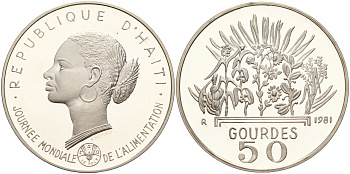 Гаити 50 гурдов 1981 50 лет FAO, голова женщины KM 149 серебро PROOF 1066-1-21
