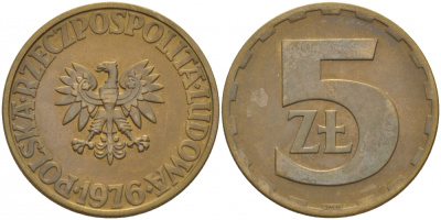 Польша 5 злотых 1976 монетный двор Ленинград (ЛМД) KM 81.1, Parchimowicz 221b латунь 3856-1053