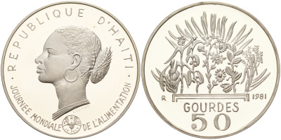 Гаити 50 гурдов 1981 50 лет FAO, голова женщины KM 149 серебро PROOF 1066-1-21