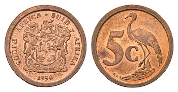 ЮАР 5 центов 1990 герб, райский журавль KM 134 сталь плакированная медью UNC 4687-141