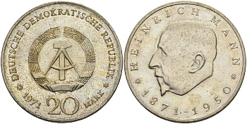 ГДР 20 марок 1971 А, 100 лет со дня рождения Генриха Манна (1871-1950) KM 33, J. 1531 медно-никель UNC 4558-613