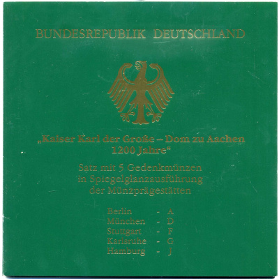 ФРГ набор из 5 штук по 10 марок 2000 A, D, F, G, J, Карл Великий, кафедральный собор в Ахене KM 200 серебро PROOF 6-5-2-8