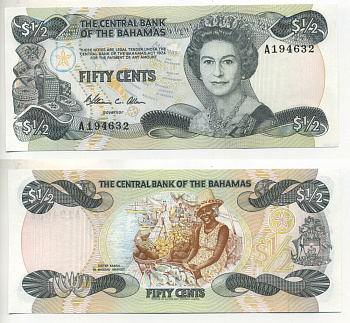 Багамские острова 1/2 доллара 1984 Елизавета II (1953- ), TDLR Pick 42a бумага UNC (пресс) 7553-5-3-1