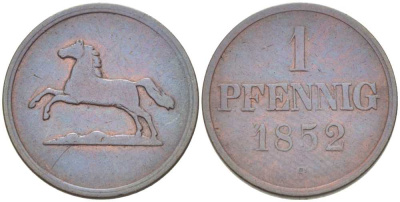 БРАУНШВЕЙГ-ВОЛЬФЕНБЮТТЕЛЬ 1 ПФЕННИГ 1852 В, ВИЛЬГЕЛЬМ (1831-1884) KM 1142 медь 210-147