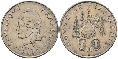 Французская Новая Каледония 50 франков 2008 хижина среди сосен и пальм, (IEOM) KM 13a, Schoen 15a, Lec 128i медно-никель 4111-615