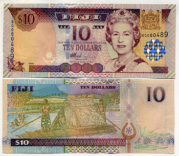 Фиджи 10 долларов ND (2002) Елизавета II (1952-2022), лодка с соломенным навесом Pick 106 а бумага UNC (пресс) 449-20-3