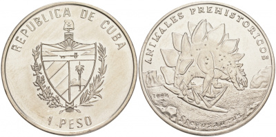 Куба 1 песо 1994 серия доисторические животные, стегозавр KM 438 медно-никель UNC M29-14