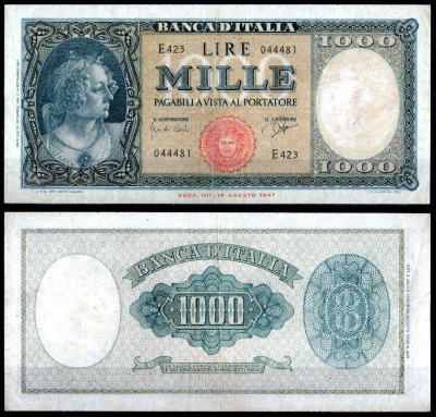 Италия 1000 лир 1961 Одна из "Трех граций" на картине Боттичелли "Примавера" Pick 88 d бумага 451-1090-3