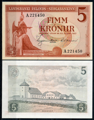 Исландия 5 крон 1957 Ингольф Арнарсон, Бессастадир, желтая бумага Pick 37 a  бумага  UNC (пресс) 450-36-1