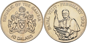 Гамбия 10 даласи 1992 визит папы Иоанна Павла VI KM 30 медно-никель BUNC 04-137-43