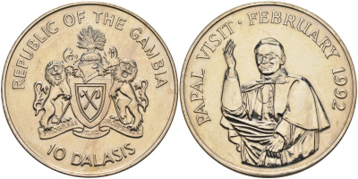 Гамбия 10 даласи 1992 визит папы Иоанна Павла VI KM 30 медно-никель BUNC 04-137-43