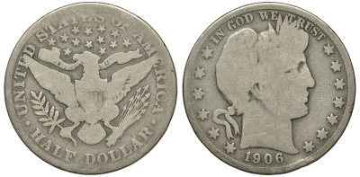 США 1/2 доллара (50 центов) 1906 барбер, Barber KM 116 серебро 1517-1545