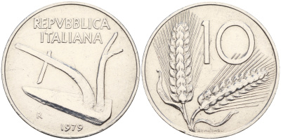 Италия 10 лир 1979 R, плуг KM 93 алюминий 4595-345