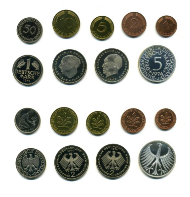 ФРГ набор из 9 монет 1974 J (1, 2, 5, 10, 50 пфеннигов, 1, 2, 2, 5 марок) 5 марок серебро PROOF N5-03