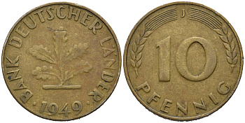ФРГ 10 пфеннигов 1949 J KM 103, J.378 сталь плакированная латунью 4681-1111