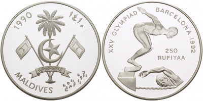 Мальдивские острова 250 руфий 1990 XXV Олимпийские игры в Барселоне 1992 года, плавание KM 85 серебро PROOF 04-315-22