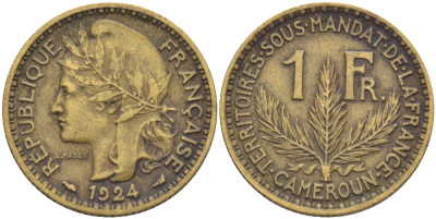 Французский Камерун 1 франк 1924 (а), монетный двор Париж KM 2 алюминиевая бронза 23-1121