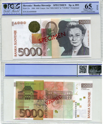 Словения 5000 толаров 2000 Specimen, образец, в слабе PCGS 65 Gem UNC, Ивана Кобильца (1861-1926) Pick 23s бумага UNC (пресс) 452-1-34