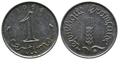 ФРАНЦИЯ 1 САНТИМ 1964 KM 928 хромированная сталь 4381-612