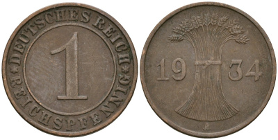 Германия 1 рейхспфенниг 1934 A KM 37, J. 313 бронза 4189-1242